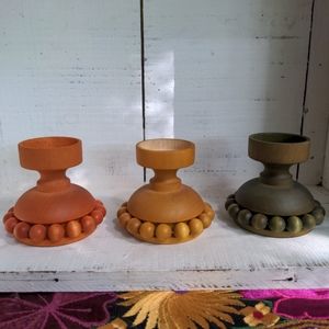 MCM Vintage Aarikka Finland wood beaded candle holders